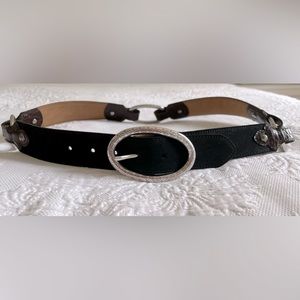 Brighton black suede belt w silver ovals held by brown embossed leather tabs
